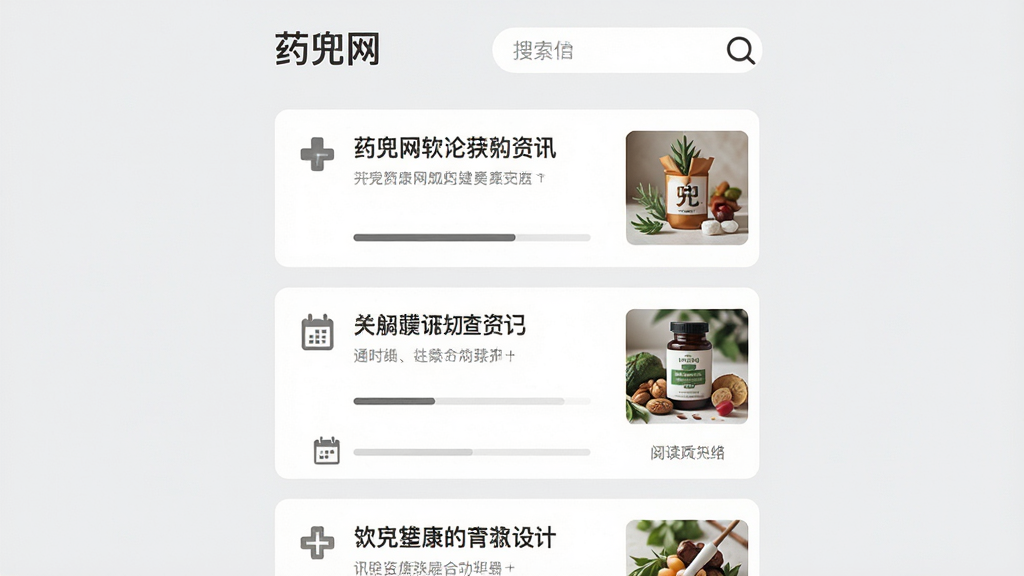 药兜网软件健康资讯页面,画面展示多张资讯卡片纵向排列,卡片上有标题和缩略图,顶部有药兜网文字标识和搜索图标,背景为浅灰色,风格素雅干净,布局清晰,细节包含十字图标、日历标签和阅读进度条,画质高清,干净无多余元素