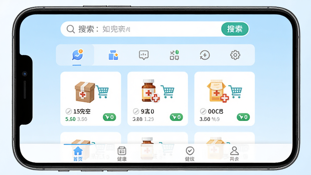 手机屏幕正中央展示药兜网软件首页界面,上方为搜索栏和分类图标,中间为药品卡片列表,下方为导航栏,背景为干净的浅蓝色渐变,整体风格简洁明亮,布局清晰,细节包含药盒图标、购物车标识和健康十字元素,画质高清,干净无多余元素