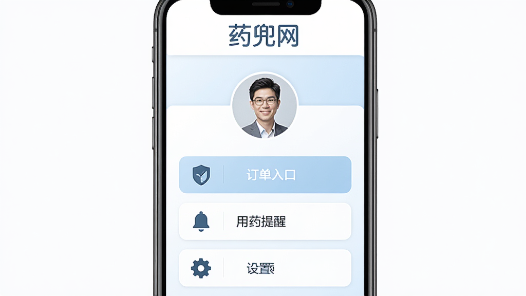 药兜网软件个人中心页面,画面展示头像、订单入口、用药提醒和设置选项纵向排列,顶部有药兜网文字标识,背景为白色和淡蓝色,风格简约商务,布局整齐,细节包含盾牌安全图标、铃铛提醒图标和齿轮设置图标,画质高清,干净无多余元素