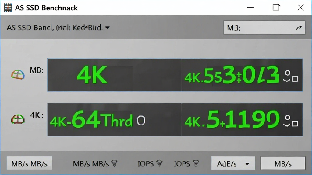 һ��AS SSD Benchmark����������ɺ�Ľ����ͼ���棬�����ص�ͻ��4K��4K-64Thrd���еĶ�д���ݣ�����������ɫ��ʾ����������������Ļ�ɫ���棬���ֹ��������Ϊ���������ͼ��ϸ�ڰ���MB/s��IOPS��λ��ʶ�������������ɾ����޶���Ԫ��