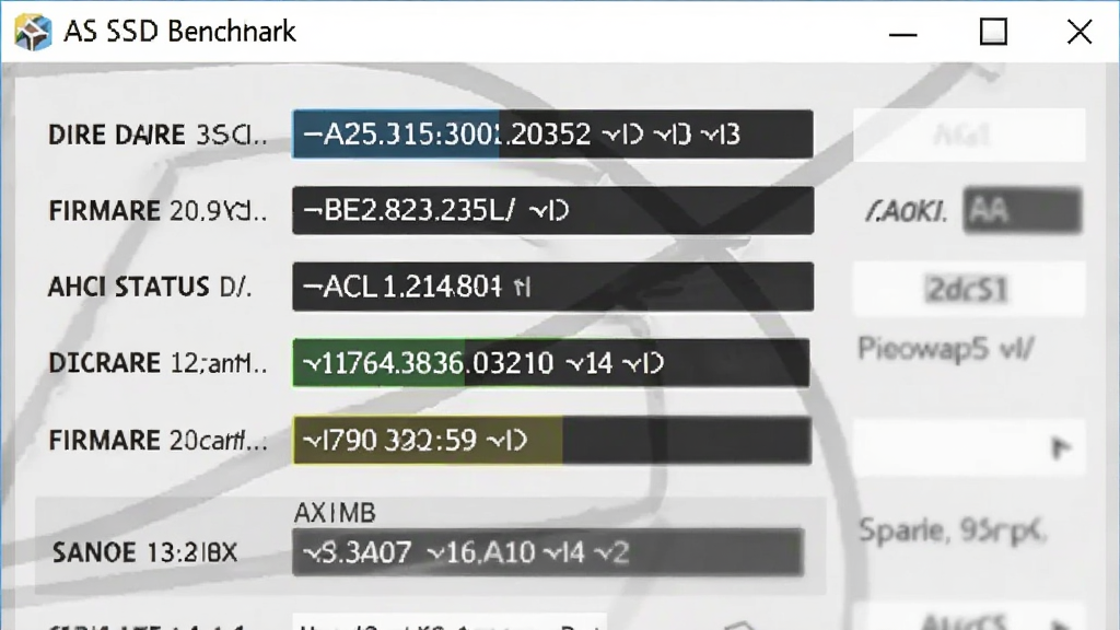 һ��AS SSD Benchmark�����������Ͻ��������д��������ʾӲ���ͺź͹̼��汾��Ϣ���Լ�AHCI״̬��ʶ��������������ɫ���棬���ֽ��գ����Ϊ��Ϣչʾ��壬ϸ�������ֶ������ɫ���֣������������ɾ����޶���Ԫ��
