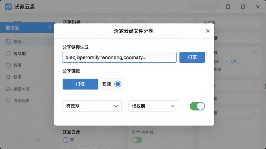 沃家云盘文件分享功能界面,主体为分享链接生成弹窗,布局中央为链接输入框与权限选项,排版简洁,风格清爽办公风,细节包含复制按钮、有效期下拉菜单、权限开关图标,画质高清,干净,无多余元素