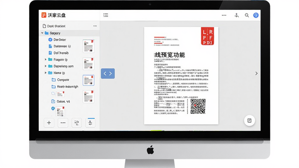 沃家云盘在线预览功能展示,主体为电脑屏幕上显示PDF文档预览画面,布局左侧为文件目录右侧为预览内容,排版工整,风格商务简约,细节包含文档缩略图、翻页按钮、缩放工具条,画质高清,干净,无多余元素