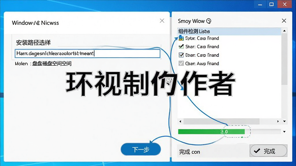主体为环视制作者在Windows电脑上的安装向导与运行状态,布局为左侧安装路径选择、右侧组件检测列表,排版上突出“下一步”按钮与进度条,风格为简洁安装界面风格,细节包括路径输入框、磁盘空间提示和完成勾选项,画质清晰干净,无多余元素,画面中打文字“环视制作者”