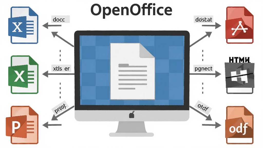 一张体现 OpenOffice 格式兼容能力的示意图,主体是屏幕中央一个文档图标,左侧延伸出 doc、xls、ppt 图标,右侧延伸出 pdf、html、odf 图标,布局为左右对称,排版居中,风格为简洁商务扁平风,细节包括图标之间的连接箭头和格式标签,画质高清,画面干净,无多余元素,图中标注文字