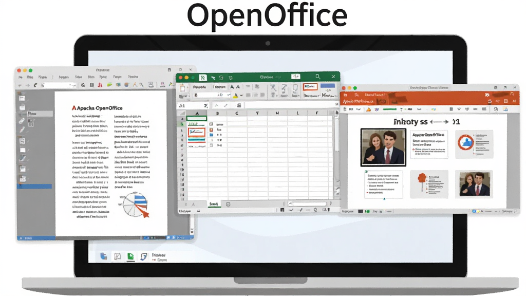 一张展示 Apache OpenOffice 办公套件全貌的场景图,主体是打开的笔记本电脑屏幕,屏幕上同时显示文字文档、电子表格和演示文稿三个窗口,布局为横向并排,排版简洁清晰,风格为现代科技感扁平插画,细节包括屏幕中的图表、文字段落和幻灯片缩略图,画质高清,画面干净,无多余元素,屏幕上方标注文字