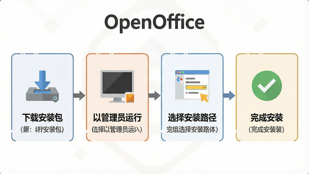 一张展示 OpenOffice 安装步骤的流程图,主体是四个并排的步骤框,分别标注“下载安装包”“以管理员运行”“选择安装路径”“完成安装”,布局为横向排列,排版简洁,风格为扁平化信息图,细节包括每个步骤的图标和简短说明文字,画质高清,画面干净,无多余元素,顶部标注文字