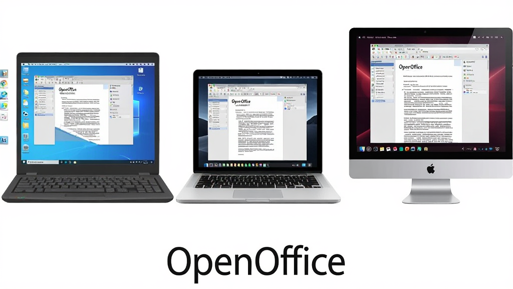 一张展示 OpenOffice 跨平台运行的场景图,主体是并排的三台设备,分别是 Windows 笔记本、Mac 笔记本和 Linux 台式机,屏幕上均显示 OpenOffice 文档界面,布局为横向三等分,排版整齐,风格为现代简约插画,细节包括不同系统的桌面元素和统一的软件界面,画质高清,画面干净,无多余元素,画面底部标注文字