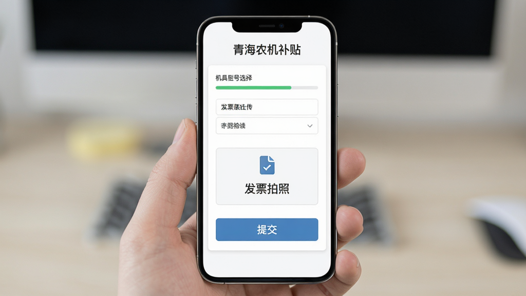 手机界面展示“青海农机补贴”在线申请表单,表单包含机具型号选择、发票拍照上传按钮、提交按钮,背景为白色卡片式设计,布局为纵向列表,风格为扁平化商务风,细节包含进度条、文件图标,画质清晰、干净、无多余元素