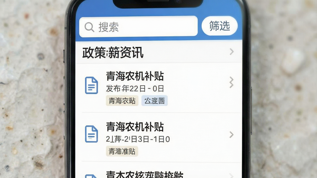 手机界面展示“青海农机补贴”政策资讯列表,列表项包含标题和发布日期,顶部有搜索框和筛选按钮,背景为白色,布局为纵向列表,风格为新闻资讯风,细节包含文档图标、标签分类,画质清晰、干净、无多余元素