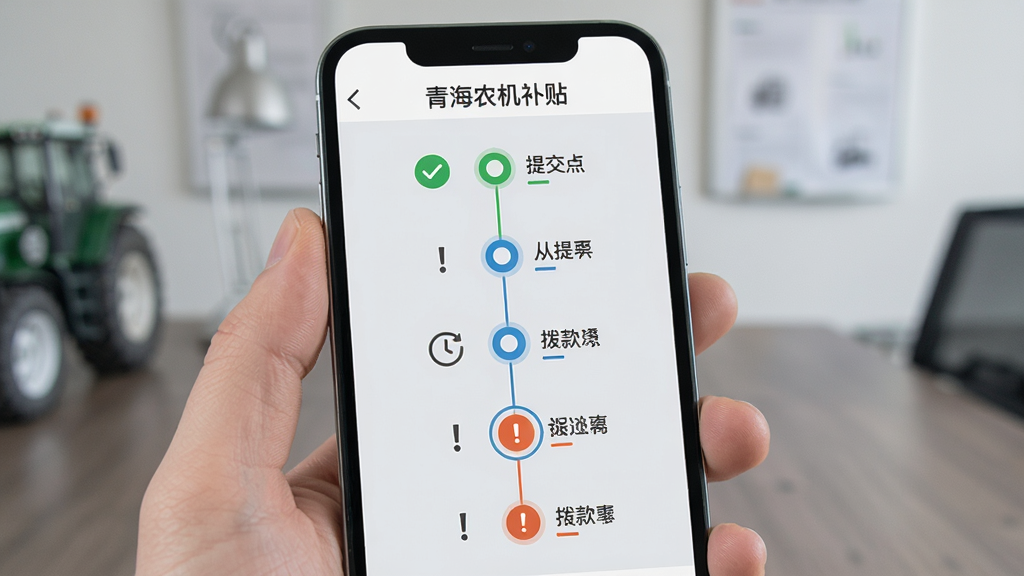 手机屏幕显示“青海农机补贴”进度追踪页面,页面以时间轴形式展示从提交到拨款的各个节点,当前节点高亮显示,背景为浅灰色,布局为纵向时间轴,风格为简约商务风,细节包含对勾、时钟、感叹号图标,画质清晰、干净、无多余元素
