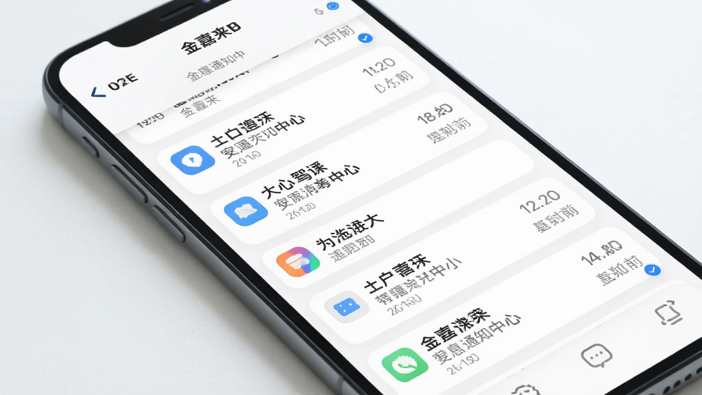 一张展示金喜来驾消息通知中心的图片,主体为手机屏幕,屏幕内显示多条通知卡片与图标,布局为纵向列表,排版清晰,风格为现代轻量UI,细节包含白色背景、蓝色未读标记、灰色时间戳与圆角图标,画质高清,干净,无多余元素