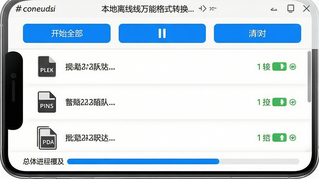 一张手机应用界面截图风格的图片,展示本地离线万能格式转换软件的批量转换队列页面,列表中排列着多个待转换文件,每个文件左侧显示格式图标,右侧显示转换状态,顶部有开始全部、暂停、清空等操作按钮,底部显示总体进度条,界面配色为白色背景搭配蓝色高亮,整体布局清晰,画质锐利,干净无杂乱元素