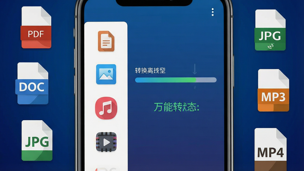 一张手机屏幕特写图,画面中央展示本地离线万能格式转换软件的主界面,界面左侧排列文档、图片、音频、视频四个功能入口图标,右侧显示转换进度条和完成状态,手机周围环绕着PDF、DOC、JPG、MP3、MP4等格式标签,整体采用扁平化科技风格,背景为深蓝色渐变,细节上突出本地离线和万能转换两个核心概念,画质清晰,干净整洁,无多余元素