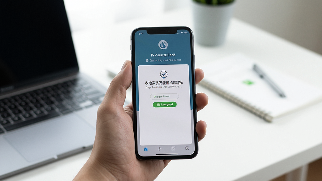 一张手机使用场景图,画面中一只手拿着手机,手机屏幕上显示本地离线万能格式转换软件的转换完成提示页面,背景是书桌和笔记本电脑,桌面整洁,光线柔和,整体风格真实自然,画质清晰,干净无多余元素