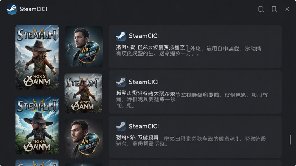 SteamCICI应用界面中展示游戏资讯列表,左侧为游戏封面缩略图,右侧为标题和摘要文字,背景为深灰色,排版整齐,风格简洁现代,画质高清