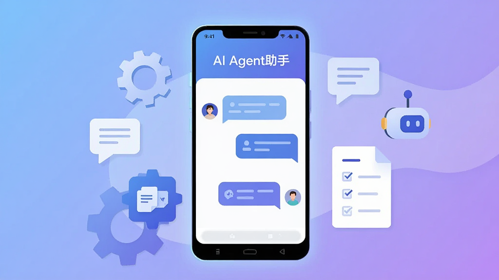 画面中央是一部安卓手机,手机屏幕上显示AI Agent助手的对话界面,界面顶部有AI Agent助手文字标识,屏幕中展示用户与AI助手的对话气泡,手机周围环绕着齿轮、对话气泡、文档图标和任务清单元素,整体布局为居中构图,风格为扁平化科技插画风,细节包括柔和的蓝紫渐变背景、简洁的图标线条、手机边缘有轻微光效,画质清晰干净,无多余元素,画面中文字为“AI Agent助手”