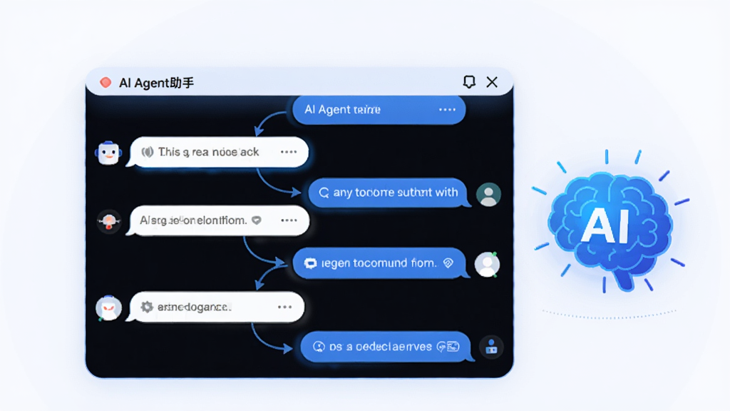 画面中心是AI Agent助手的对话窗口,窗口内显示多轮对话气泡,气泡之间有箭头连接表示上下文关联,窗口旁边有一个发光的AI大脑图标,布局为左右结构,风格为现代扁平插画,细节包括浅色背景、圆角对话框、蓝色高亮线条,画质清晰干净,无多余元素,画面中文字为“AI Agent助手”