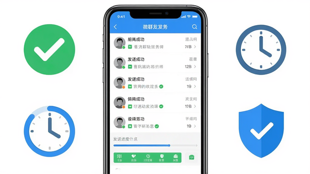 微商群发大师软件主界面截图,画面中央展示手机屏幕,屏幕内呈现微信群发任务列表与发送进度条,周围环绕发送成功图标、时钟间隔图标、盾牌安全图标,布局为居中横向构图,排版简洁清晰,风格为扁平化科技感UI风格,细节包含绿色对勾、蓝色进度环、灰色联系人头像,画质高清,干净,无多余元素