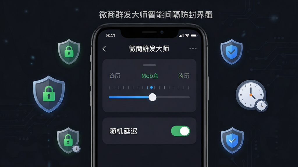 微商群发大师智能间隔防封设置界面图,画面中央展示手机屏幕,屏幕内显示时间间隔滑块与随机延迟开关,周围环绕盾牌图标与时钟图标,布局为居中对称构图,排版上方标题下方设置项,风格为暗色科技风UI,细节包含绿色安全锁、蓝色滑块、灰色刻度线,画质高清,干净,无多余元素