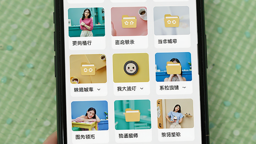 微商群发大师图文素材库界面图,画面展示手机屏幕内网格状排列的图片与文字卡片,布局为九宫格素材展示,排版整齐有序,风格为清新浅色UI风格,细节包含彩色缩略图、文字标签、分类文件夹图标,画质高清,干净,无多余元素