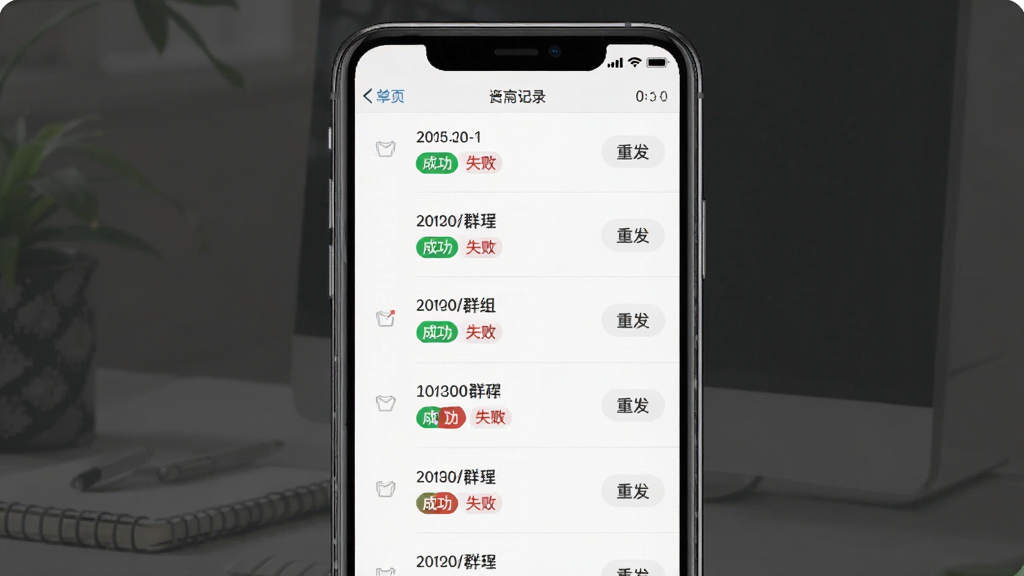 微商群发大师发送记录追踪界面图,画面中央为手机屏幕,屏幕内显示列表形式的发送记录,包含绿色成功标签与红色失败标签,布局为垂直列表排版,风格为简约商务风UI,细节包含时间戳、群组名称、状态徽章、重发按钮,画质高清,干净,无多余元素