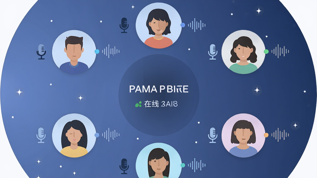 一个圆形语音房间的界面示意图,画面中有六个圆形头像分布在房间周围,每个头像旁边有麦克风图标和声波纹理,中央显示房间名称和在线人数,背景是柔和的星空蓝渐变,风格扁平化设计,细节上突出语音连接状态,画质清晰,干净无多余元素
