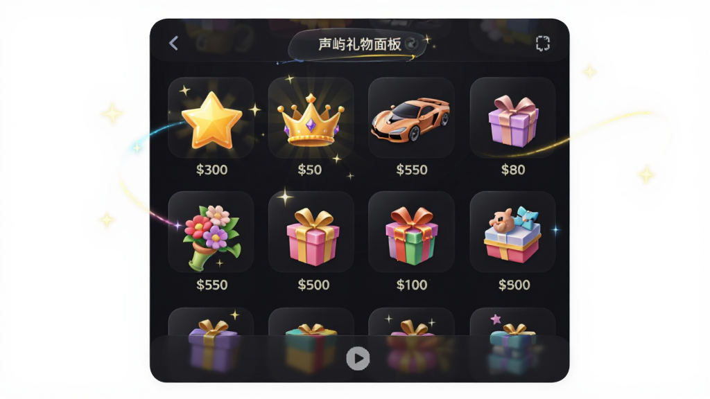 声屿礼物面板的界面示意图,面板从底部弹出,展示多排礼物图标,包括鲜花、星星、皇冠、跑车等,每个礼物下方标注价格,背景为深色半透明,风格精致,细节上突出礼物的动画光效,画质高清,干净无多余元素