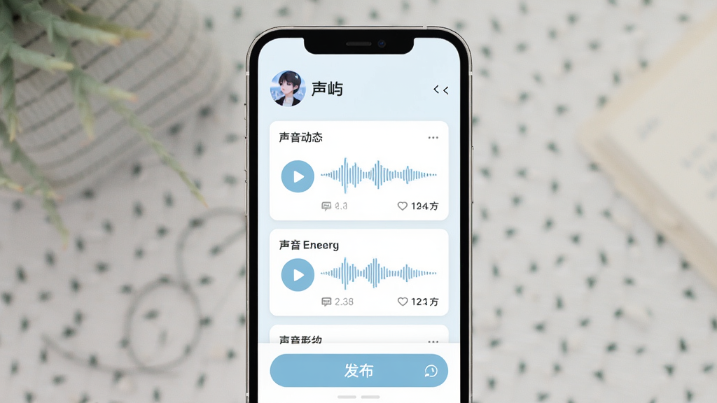 手机屏幕展示声屿的个人主页界面,顶部是用户头像和昵称,中间是声音动态卡片列表,每张卡片有播放按钮、波形图和互动数据,底部有发布按钮,整体色调为浅色系,布局整齐,风格清新简约,画质高清,干净无多余元素