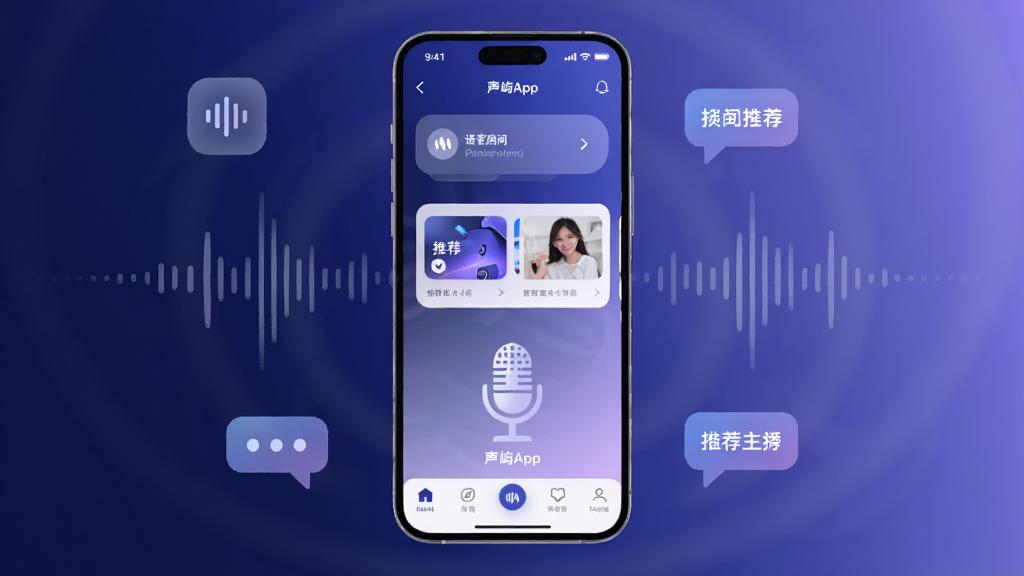 画面中央是一部智能手机,屏幕上显示着声屿App的主界面,界面以深蓝与浅紫渐变为主色调,顶部有语音房间入口和推荐主播卡片,底部是导航栏。整体布局简洁清晰,手机周围环绕着若干半透明的声波图标和聊天气泡,风格偏现代科技感,细节上突出声音波形与麦克风元素,画质高清,干净无多余元素