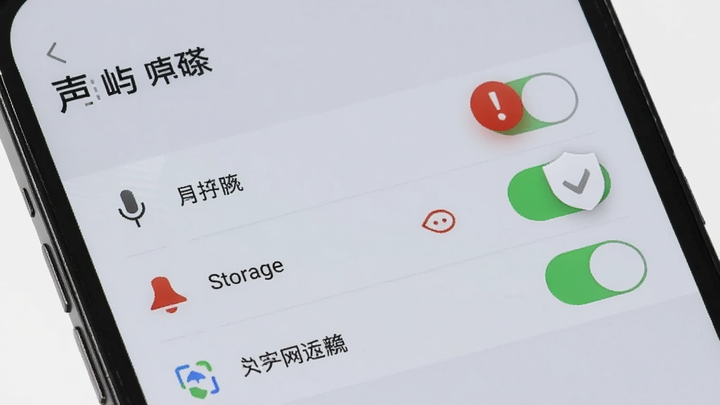 一部手机屏幕显示声屿的权限设置页面,页面上有麦克风、存储、通知等权限开关,旁边有一个红色感叹号图标和盾牌图标,背景为浅灰色,风格简洁,细节上突出安全提示,画质清晰,干净无多余元素