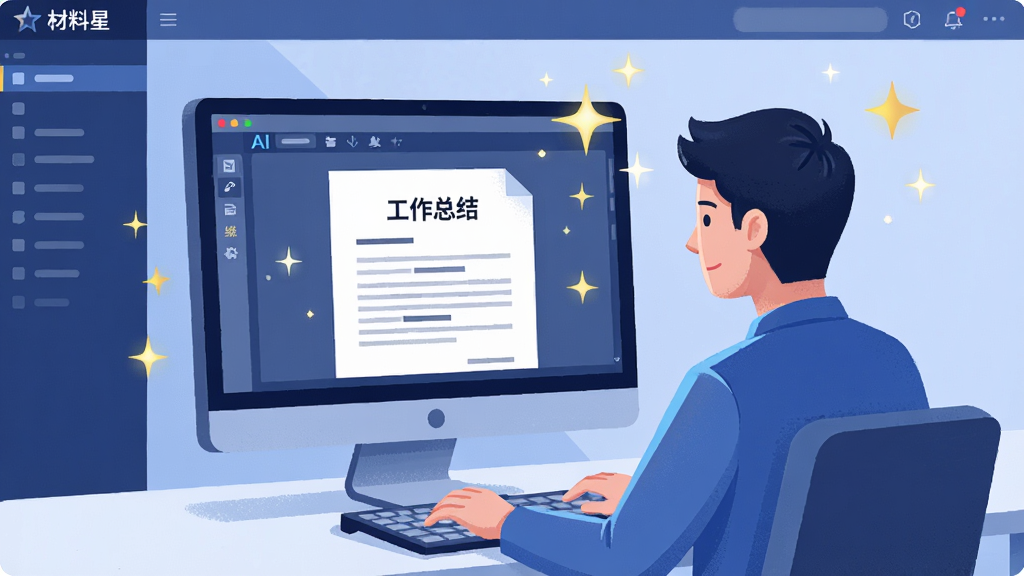 一张“材料星”软件界面截图风格的插画,画面中一个人物坐在电脑前,屏幕上显示AI正在自动生成一篇文档,文档标题为“工作总结”,周围有闪烁的星光特效,风格科技感十足,画质清晰,干净无多余元素