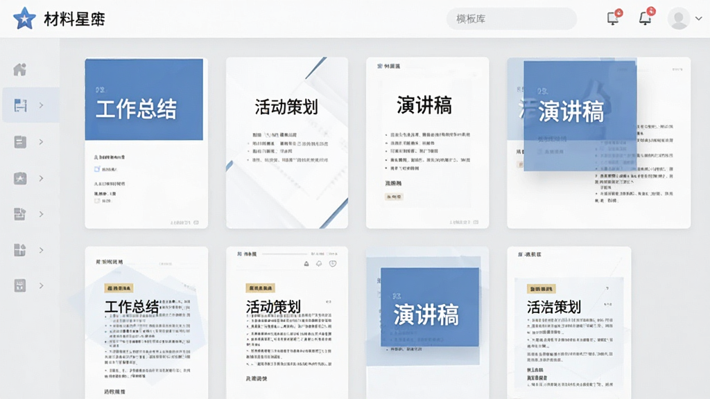 一张“材料星”模板库界面的展示图,画面中整齐排列着各类文档模板卡片,卡片上有“工作总结”“活动策划”“演讲稿”等字样,背景是浅灰色,风格整洁有序,画质清晰,干净无多余元素