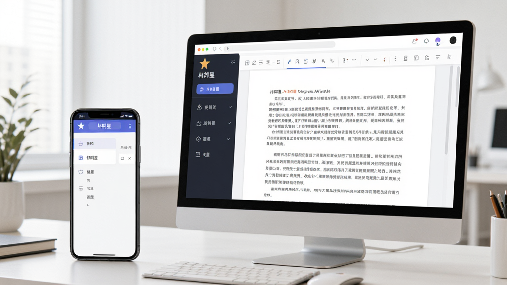 一张展示手机和电脑屏幕同步显示“材料星”AI写作界面的场景图,画面中央是简洁的文档编辑页面,左侧是功能菜单栏,右侧是正在生成的文字内容,背景是明亮的办公桌面,风格现代简约,细节清晰,画质干净,无多余元素