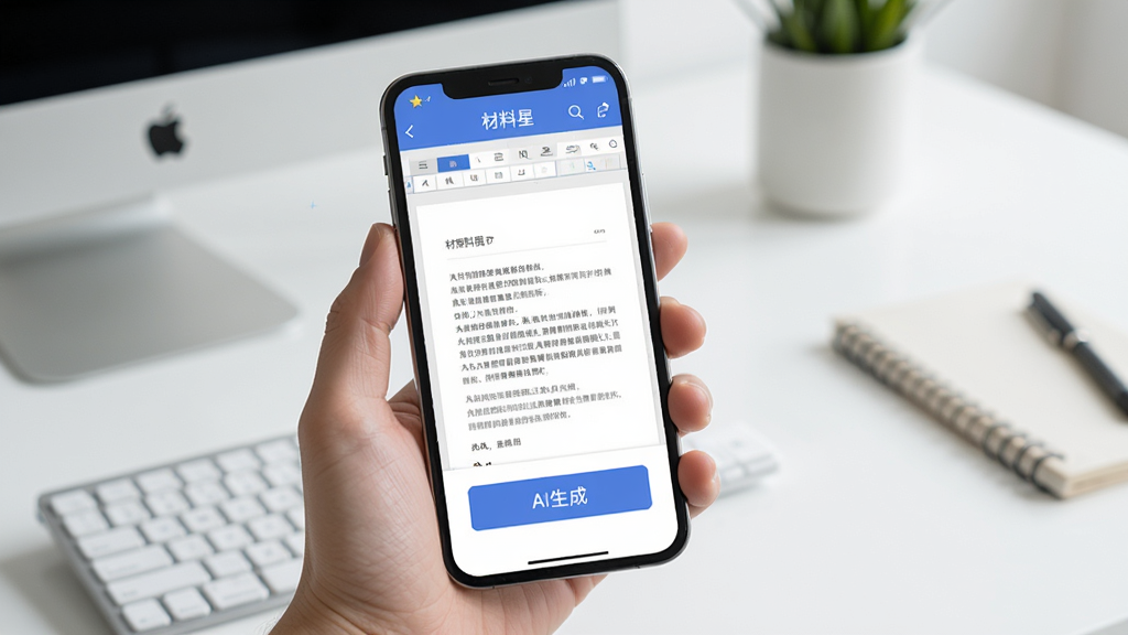 一张“材料星”手机端操作界面示意图,画面中一只手拿着手机,屏幕上显示文档编辑页面和AI生成按钮,背景是简洁的桌面,风格生活化,画质清晰,干净无多余元素