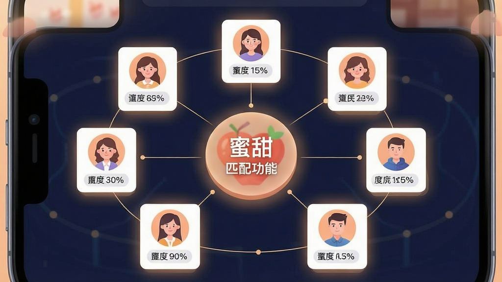 一张展示“蜜甜”智能匹配功能的示意图,画面主体为手机屏幕,屏幕中央显示多个用户头像卡片呈环形排列,卡片之间有细线连接表示匹配关系,布局对称,排版居中,风格为科技感与温馨感结合的插画,细节包括头像旁的标签文字、匹配度百分比、柔和光晕效果,画质高清,干净无多余元素