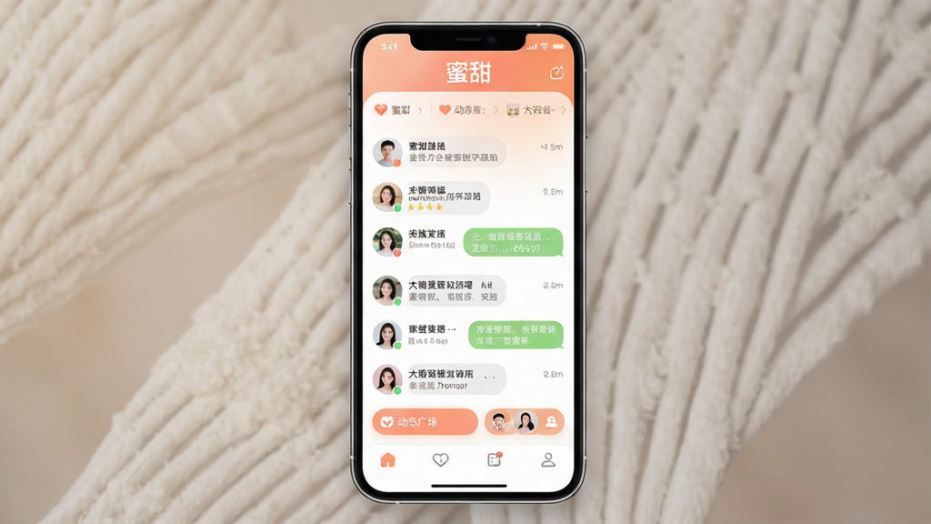 一张展示“蜜甜”社交聊天软件界面的手机预览图,画面中央是一部现代智能手机,屏幕显示蜜甜应用的主页,顶部有“蜜甜”文字标识,界面包含聊天列表、动态广场入口和底部导航栏,整体布局清晰,排版整洁,风格为清新温暖的社交应用界面,细节包括圆角图标、柔和渐变背景、用户头像和消息气泡,画质高清,干净无多余元素