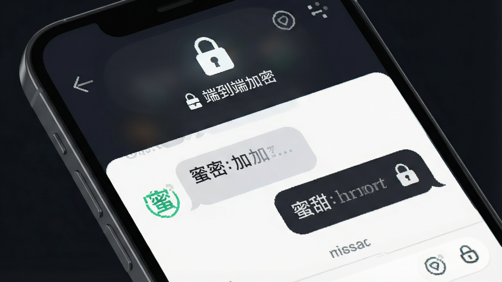 一张展示“蜜甜”私密聊天保护功能的场景图,画面主体为手机屏幕特写,屏幕显示聊天界面,上方有锁形图标和“端到端加密”文字,布局简洁,排版清晰,风格为安全科技感,细节包括加密标识、消息气泡上的小锁图案、背景为深色护眼模式,画质高清,干净无多余元素