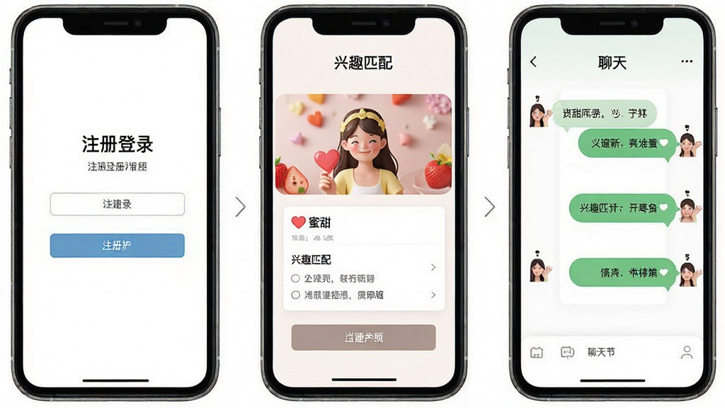 一张展示“蜜甜”应用操作流程的示意图,画面主体为三部手机并排展示,从左到右分别显示注册登录、兴趣匹配和聊天界面,布局横向排列,排版整齐,风格为扁平化UI展示,细节包括每部手机屏幕上的关键按钮和文字标注,画质高清,干净无多余元素