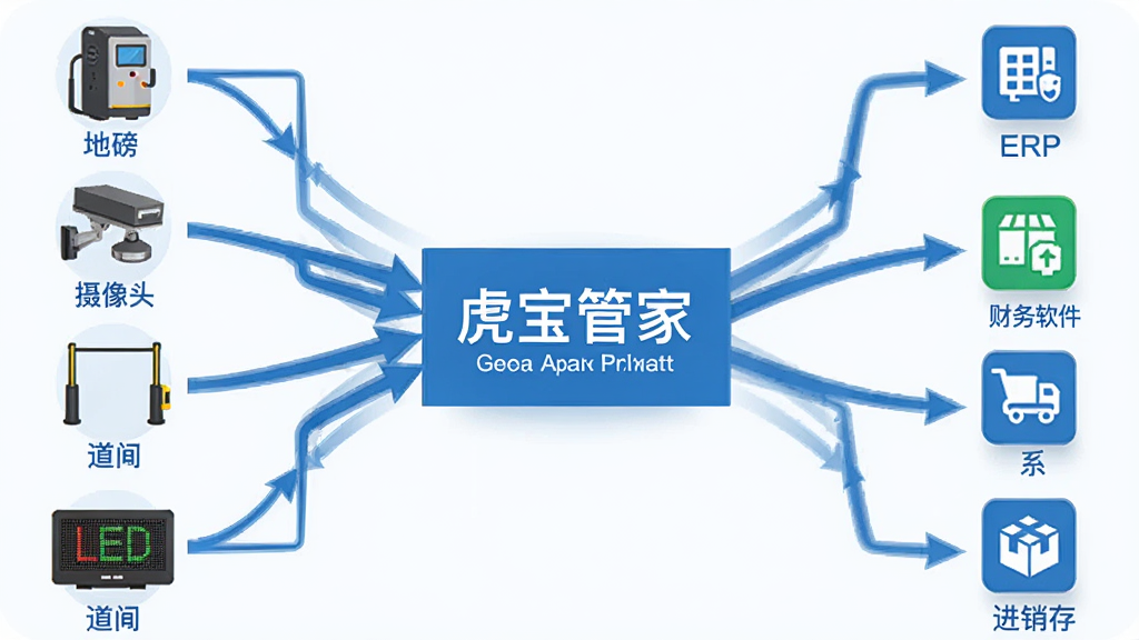 画面中央为“虎宝管家”系统架构示意图,左侧连接地磅、摄像头、道闸、LED屏等硬件图标,右侧连接ERP、财务软件、进销存等系统图标,中间以数据流箭头相连,布局为放射状结构,风格为扁平化科技蓝风格,细节包含各设备图标与连接线,画质清晰,干净无多余元素