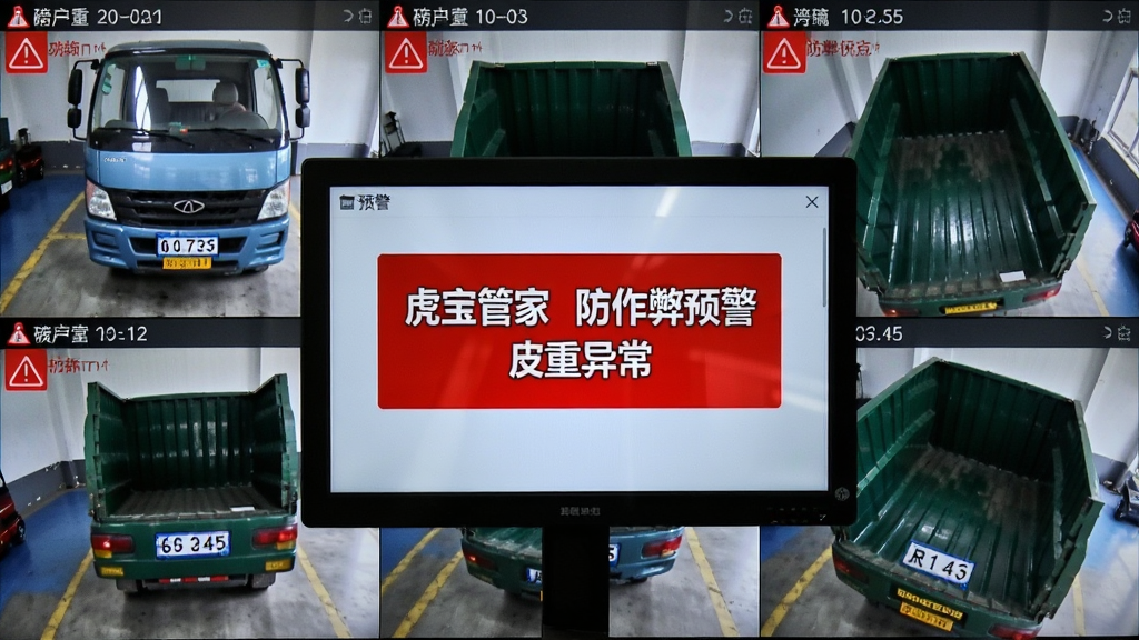 磅房内部视角,屏幕上显示“虎宝管家 防作弊预警 皮重异常”红色提示框,画面中有摄像头抓拍的多角度照片,包括车头、车尾、车厢顶部,布局为监控画面拼接风格,主体为预警界面与抓拍照片,细节包含红色警告标识、时间戳、车牌号,画质清晰,干净无多余元素