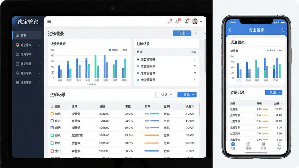 画面左侧为PC端管理后台界面,显示“虎宝管家”报表统计图表与过磅记录列表,右侧为手机App界面,显示同一组数据的移动端视图,布局为左右对比展示,风格为现代商务科技风,细节包含柱状图、数据表格、筛选按钮,画质清晰,界面文字“虎宝管家”清晰可见,干净无多余元素