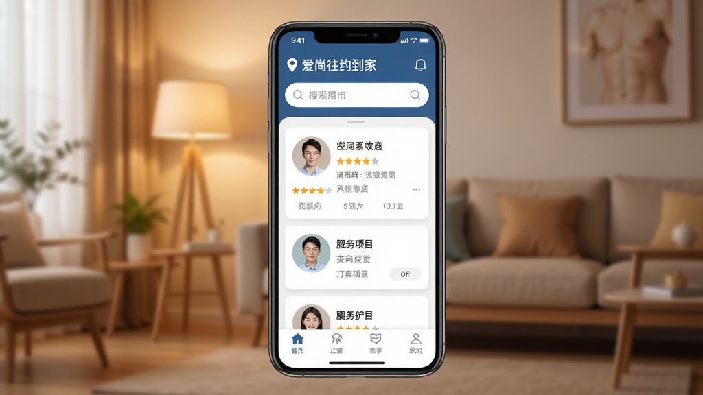 ������Լ�����ֻ�APP����չʾ������������һ�������ֻ�����Ļ��ʾ���Ű�ĦԤԼ��ҳ�������г��ж�λ�����������в�Ϊ��ʦ�б���Ƭ������ͷ�����ֺͷ�����Ŀ���ײ��е����˵�������Ϊ��ܰ�ľӼһ��������ůɫ���ƹ⣬��Լ�ִ����ϸ�����������ʸɾ����޶���Ԫ�أ�������Ⱦ��