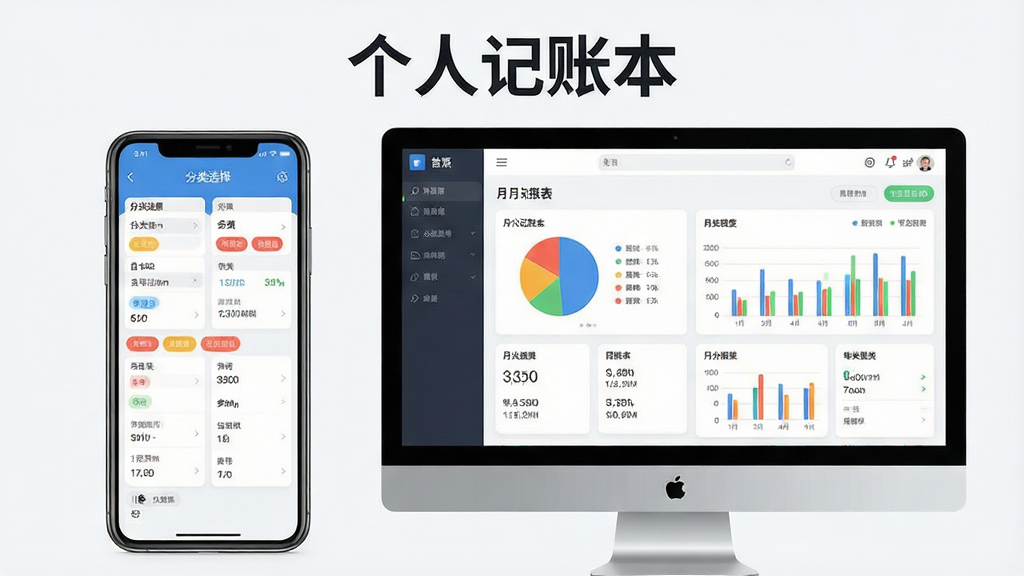 一张个人记账本软件功能展示图,主体为手机与电脑双端同步的记账界面,布局采用左右分栏,左侧为手机端分类选择面板,右侧为电脑端月度报表图表,排版上标题为个人记账本,风格为现代扁平化UI,细节包括彩色饼图、柱状图、分类标签、数据卡片,画质高清,干净,无多余元素