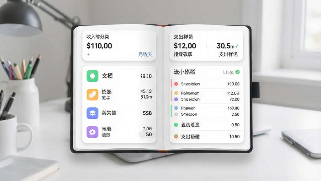 一张展示个人记账本软件界面的图片,主体为一本翻开的数字记账本悬浮在桌面中央,布局上左侧显示收入分类图标,右侧显示支出明细列表,排版采用上下结构,上方为月度收支总览卡片,下方为流水记录列表,风格为简约清新的扁平化设计,细节包括圆角卡片、柔和阴影、彩色分类图标、数字清晰可辨,画质高清,干净,无多余元素
