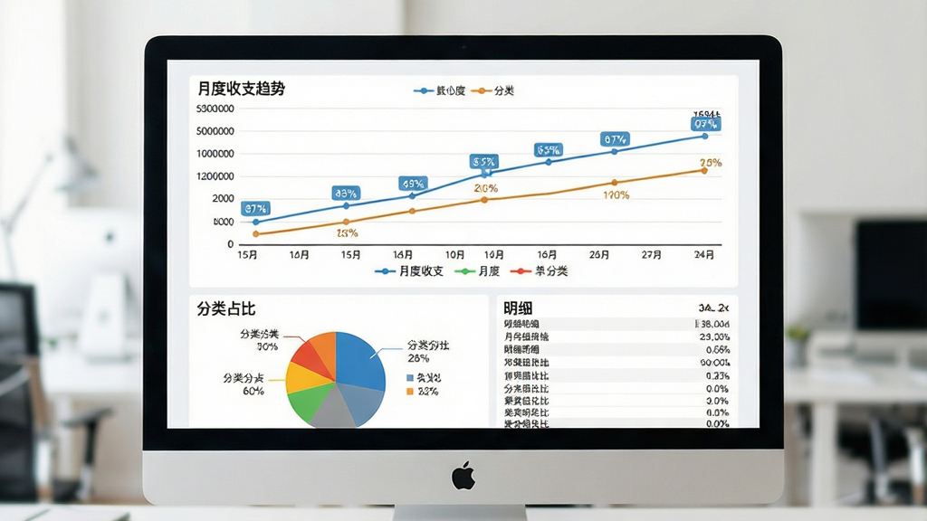 一张个人记账本数据统计页面图片,主体为屏幕中央的月度收支折线图与分类占比饼图,布局采用上下结构,上方为折线趋势图,下方为分类饼图与明细列表,排版清晰,风格为清爽商务风,细节包括坐标轴刻度、百分比标签、颜色区分明显的图例,画质高清,干净,无多余元素