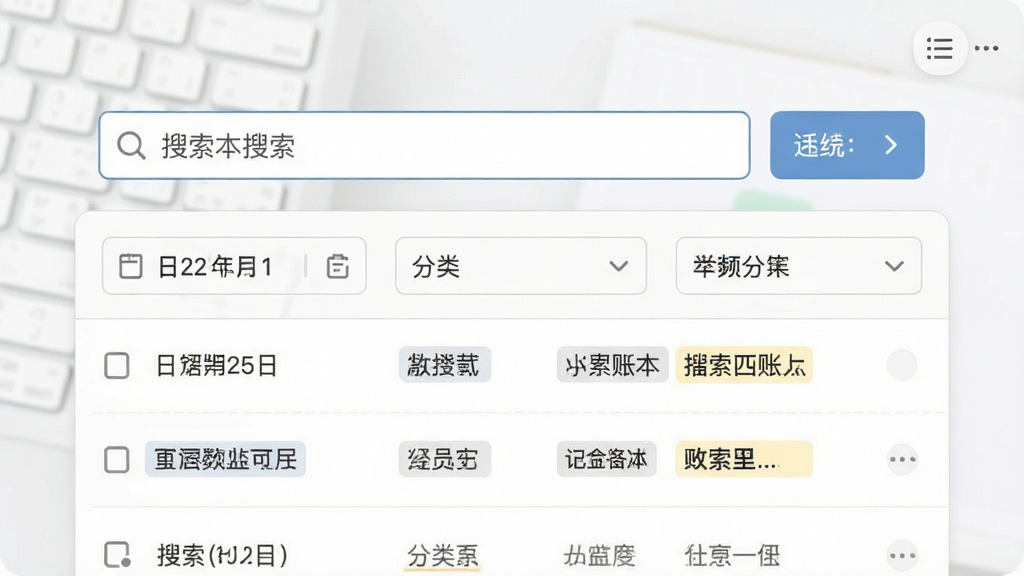 一张个人记账本账目搜索功能示意图,主体为搜索框与筛选面板,布局采用上下结构,上方为搜索输入框与筛选按钮,下方为搜索结果列表,排版简洁,风格为极简浅色风,细节包括日期选择器、分类下拉菜单、高亮匹配文字,画质高清,干净,无多余元素