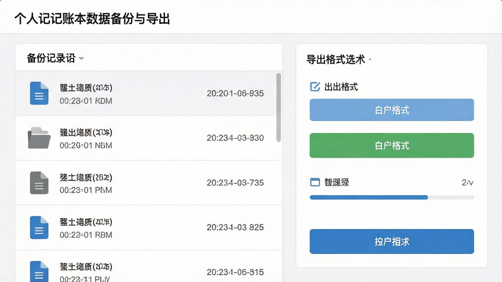 一张个人记账本数据备份与导出界面图片,主体为备份管理面板,布局采用左右分栏,左侧为备份记录列表,右侧为导出格式选择与操作按钮,排版规整,风格为简约商务风,细节包括文件图标、时间戳、导出按钮、进度条,画质高清,干净,无多余元素
