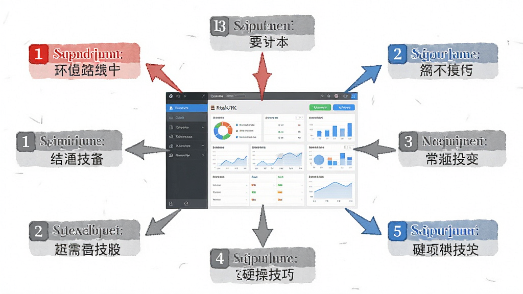 一张个人记账本新手操作指引图,主体为软件主界面与标注说明,布局采用中心辐射式,中央为软件截图,四周为箭头指向各功能按钮并附带文字说明,排版清晰,风格为教程图解风,细节包括红色警示标签、蓝色技巧提示、灰色常规说明、编号步骤,画质高清,干净,无多余元素