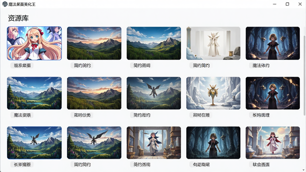 魔法桌面美化王软件内资源库界面截图,画面中展示分类清晰的壁纸和主题缩略图网格,包含动漫、风景、简约等标签,界面干净整洁,风格现代,布局合理,细节清晰,画质高清,无多余元素